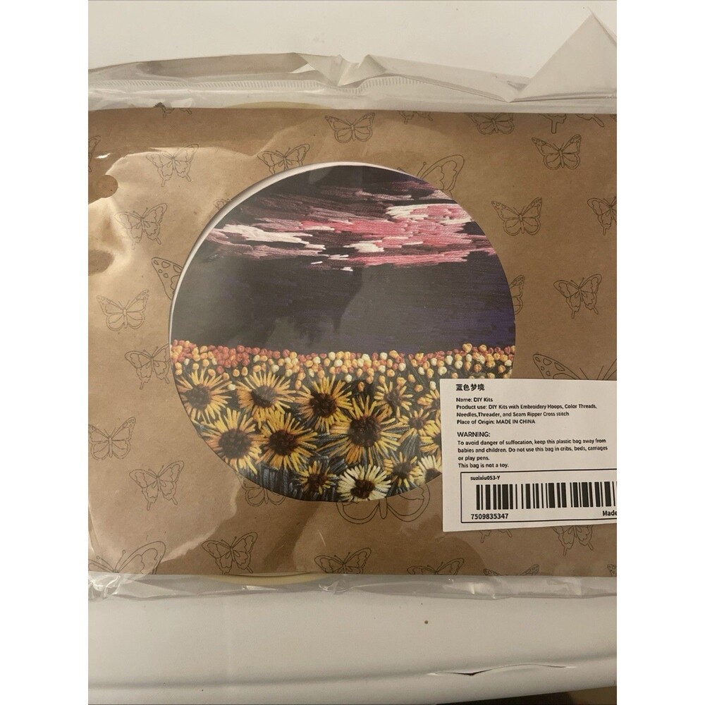 Sunflowers & Sky 6 in  DIY Embroidery Kit With Thread Hoop Needle Threader